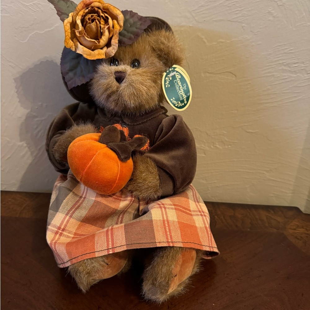 Burlington Collection Bear with Orange Pumpkin & Plaid Skirt